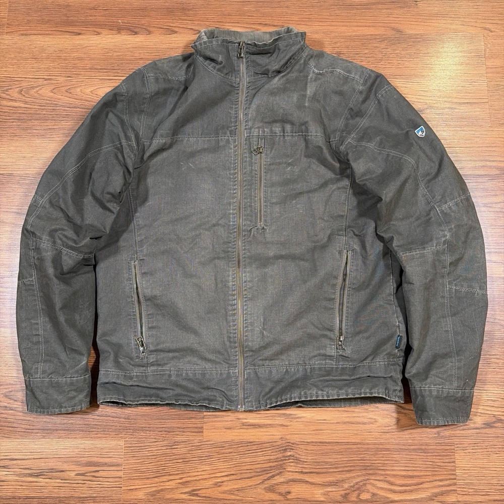 Kuhl Burr Jacket Mens Sz L Army Green Vintage Patina Dye Lined Canvas Chore Hike